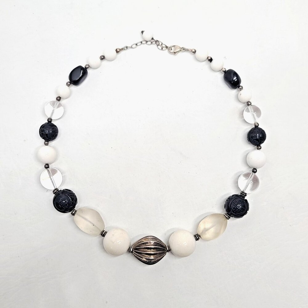 Sterling silver Chinese export necklace carved onyx crystal beads Art Deco style